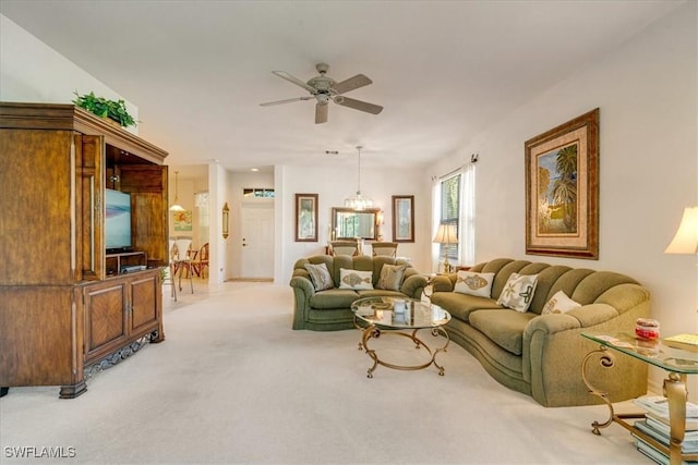 living room with light colored carpet and ceiling fan