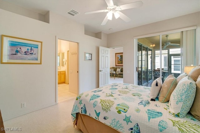 bedroom featuring access to exterior, ensuite bath, and ceiling fan