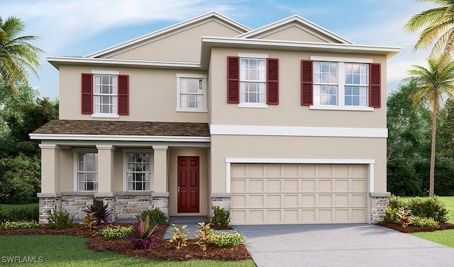 view of front of house featuring driveway, stone siding, and stucco siding