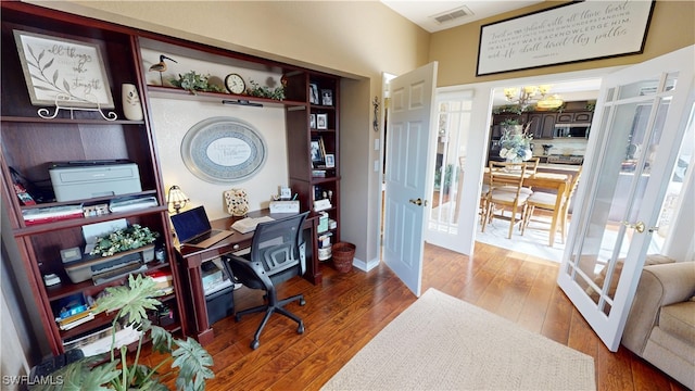 home office featuring french doors and hardwood / wood-style floors