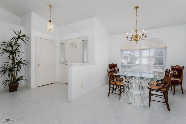 tiled dining room featuring lofted ceiling and a notable chandelier