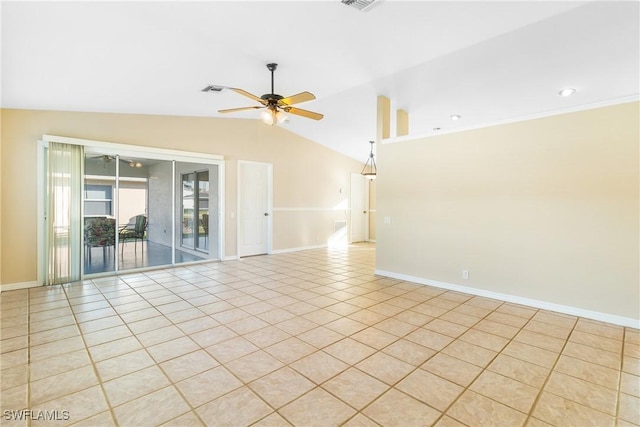 tiled empty room with ceiling fan and lofted ceiling