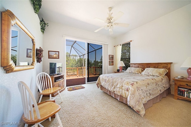 bedroom with carpet flooring, access to outside, and ceiling fan