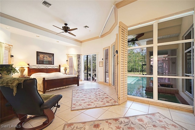 unfurnished bedroom featuring light tile patterned flooring, access to exterior, and crown molding