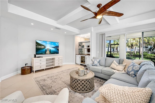 living room featuring coffered ceiling, beam ceiling, light tile patterned floors, ceiling fan, and beverage cooler