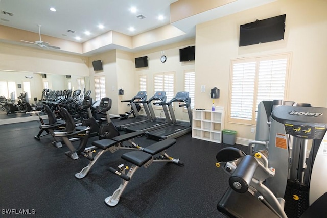 workout area with ceiling fan