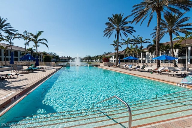 view of pool featuring pool water feature