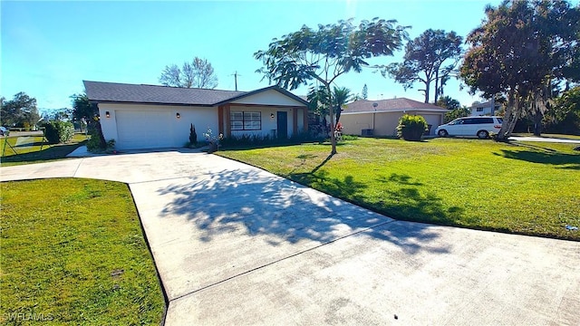 single story home with a garage, driveway, and a front lawn