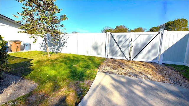 view of yard with a fenced backyard and a gate