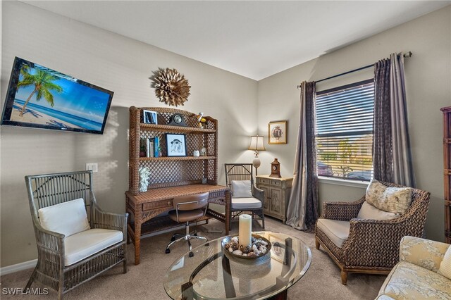 living area with carpet flooring and baseboards