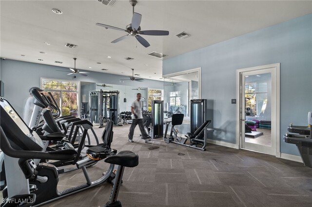 gym featuring ceiling fan, baseboards, carpet flooring, and recessed lighting