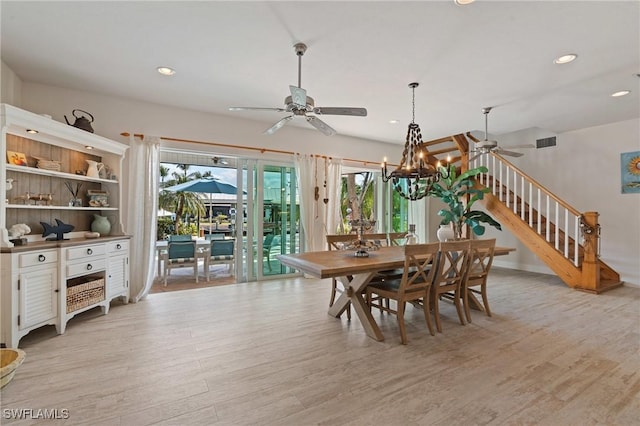 dining room with stairs, ceiling fan, recessed lighting, and light wood-style floors