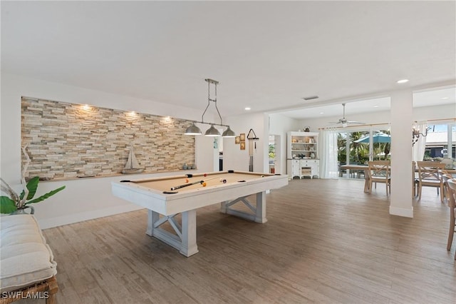 recreation room with recessed lighting, wood finished floors, and pool table