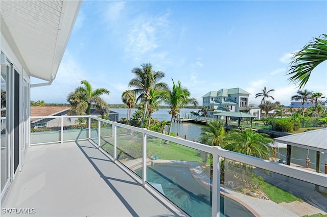 balcony featuring a water view