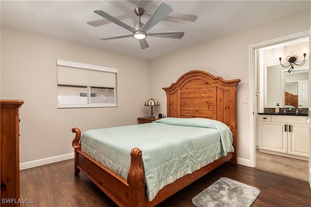 bedroom with dark wood-type flooring and ceiling fan