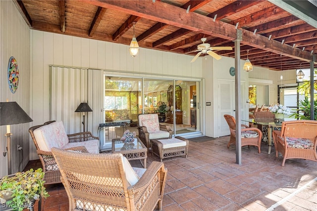 view of patio featuring an outdoor hangout area and ceiling fan