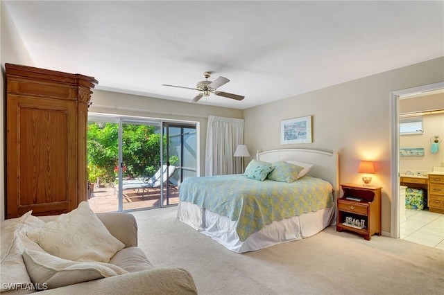 carpeted bedroom with access to outside and ceiling fan