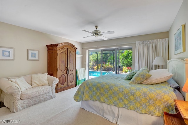 carpeted bedroom with access to exterior and ceiling fan