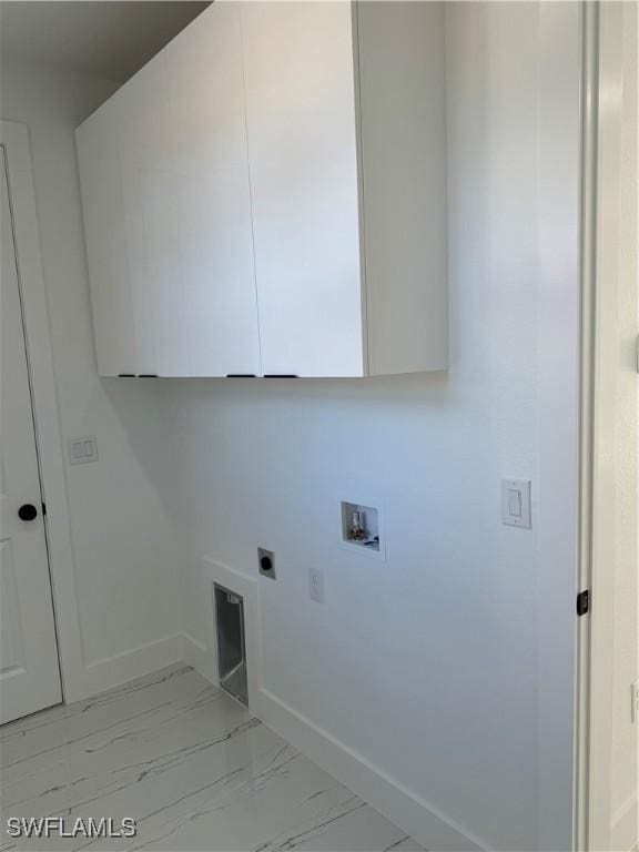 washroom with cabinets, electric dryer hookup, and washer hookup