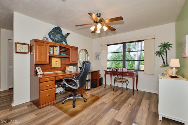 home office with ceiling fan and light wood-type flooring