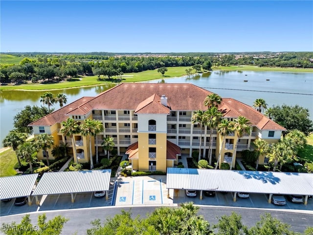 bird's eye view with a water view