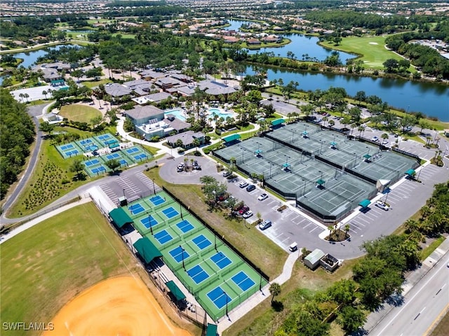 birds eye view of property featuring a water view