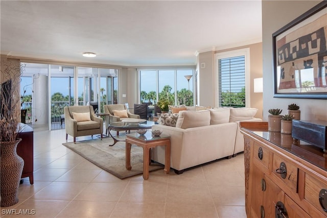 living room featuring light tile patterned flooring, floor to ceiling windows, and crown molding