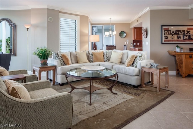 tiled living room featuring ornamental molding and a notable chandelier