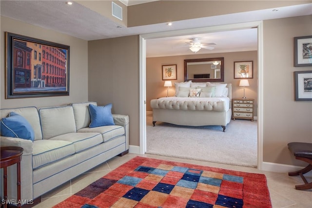 carpeted living room with crown molding, ceiling fan, and a textured ceiling