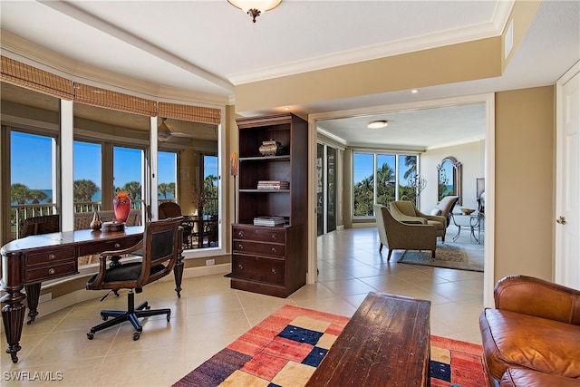 office area with ornamental molding and light tile patterned floors