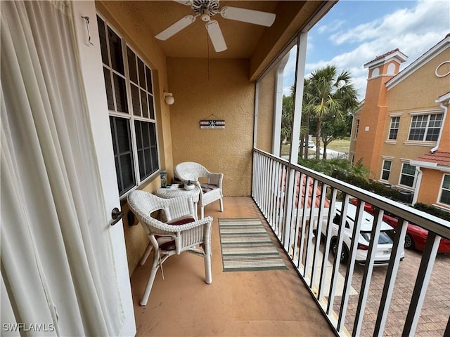 balcony with a ceiling fan