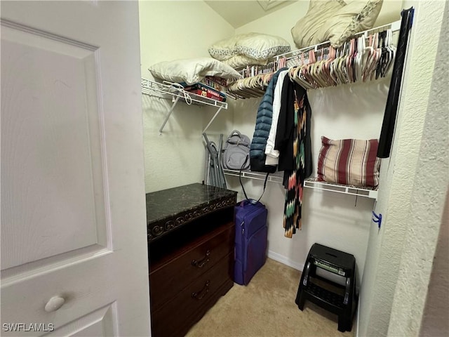 walk in closet featuring light carpet