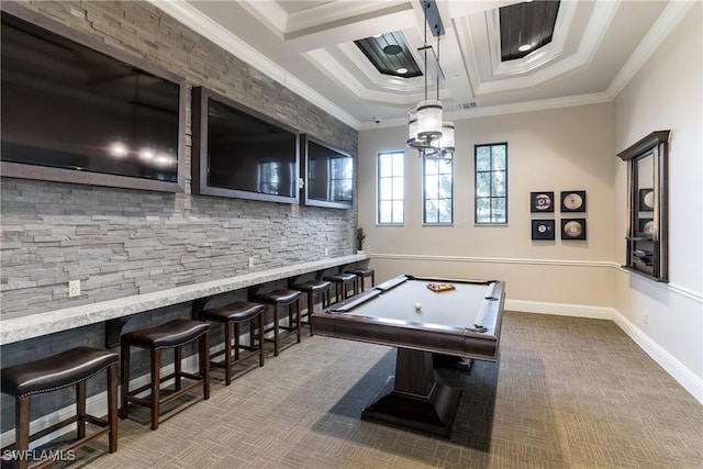 game room with billiards, carpet, coffered ceiling, crown molding, and bar area