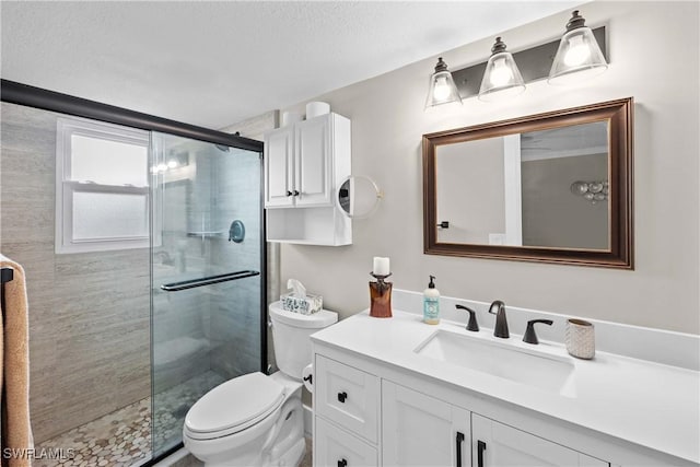 bathroom featuring vanity, a shower with door, and toilet