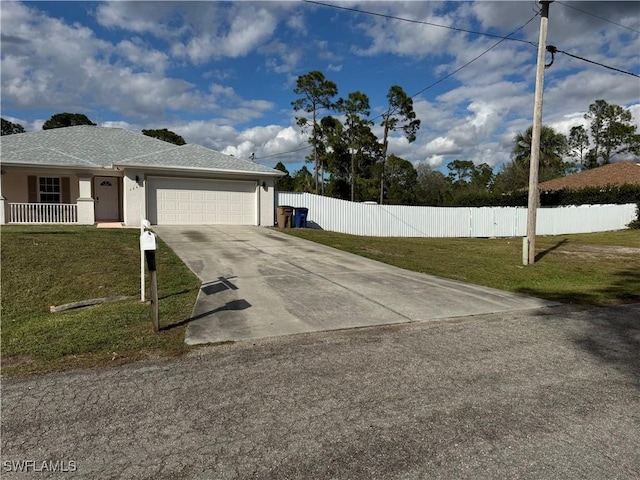 exterior space with a garage, a lawn, fence, and concrete driveway