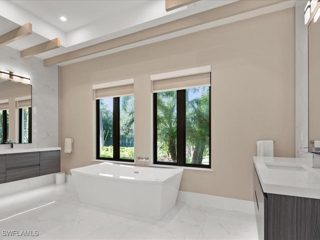 bathroom with a bathing tub, plenty of natural light, and vanity