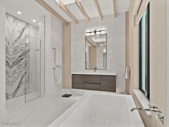 bathroom featuring independent shower and bath, vanity, and beam ceiling