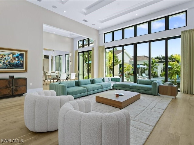 living room featuring a towering ceiling and light hardwood / wood-style flooring