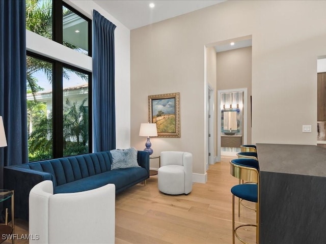 living room featuring a high ceiling and light hardwood / wood-style flooring