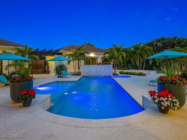 view of swimming pool with pool water feature and a patio