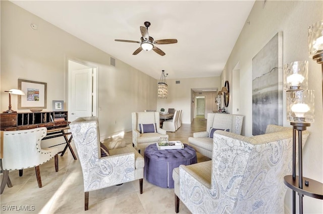 living room with light tile patterned floors and ceiling fan