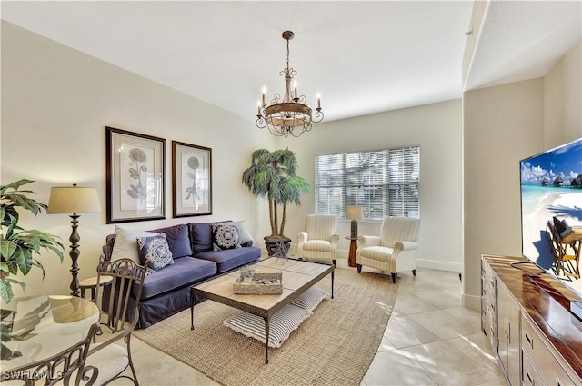 living room with an inviting chandelier and light tile patterned flooring