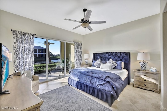 bedroom featuring light tile patterned floors, access to outside, and ceiling fan