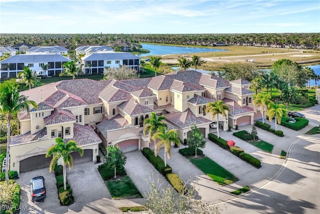 aerial view featuring a water view