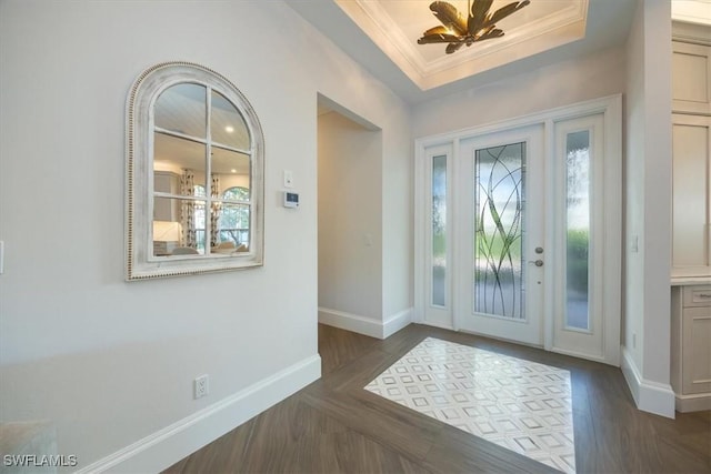 entrance foyer with ornamental molding, dark wood-type flooring, and a tray ceiling