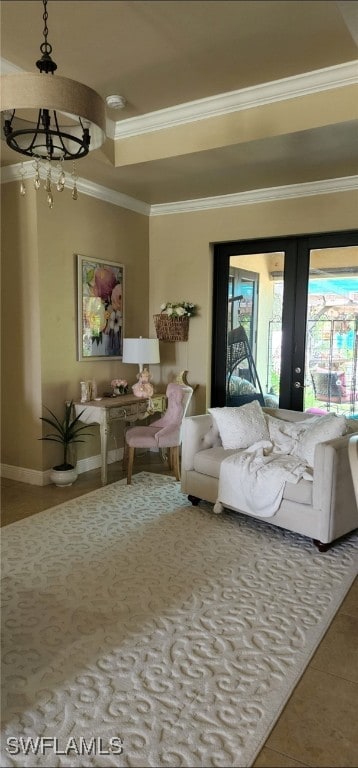 interior space with ornamental molding and tile patterned floors