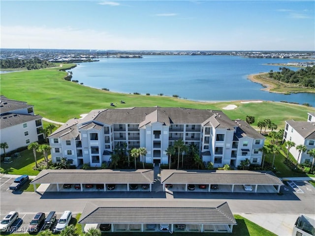 bird's eye view with a water view