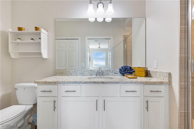 bathroom featuring vanity, a shower with door, and toilet