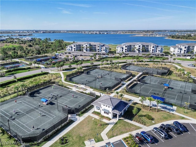 drone / aerial view with a water view