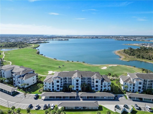 bird's eye view with a water view